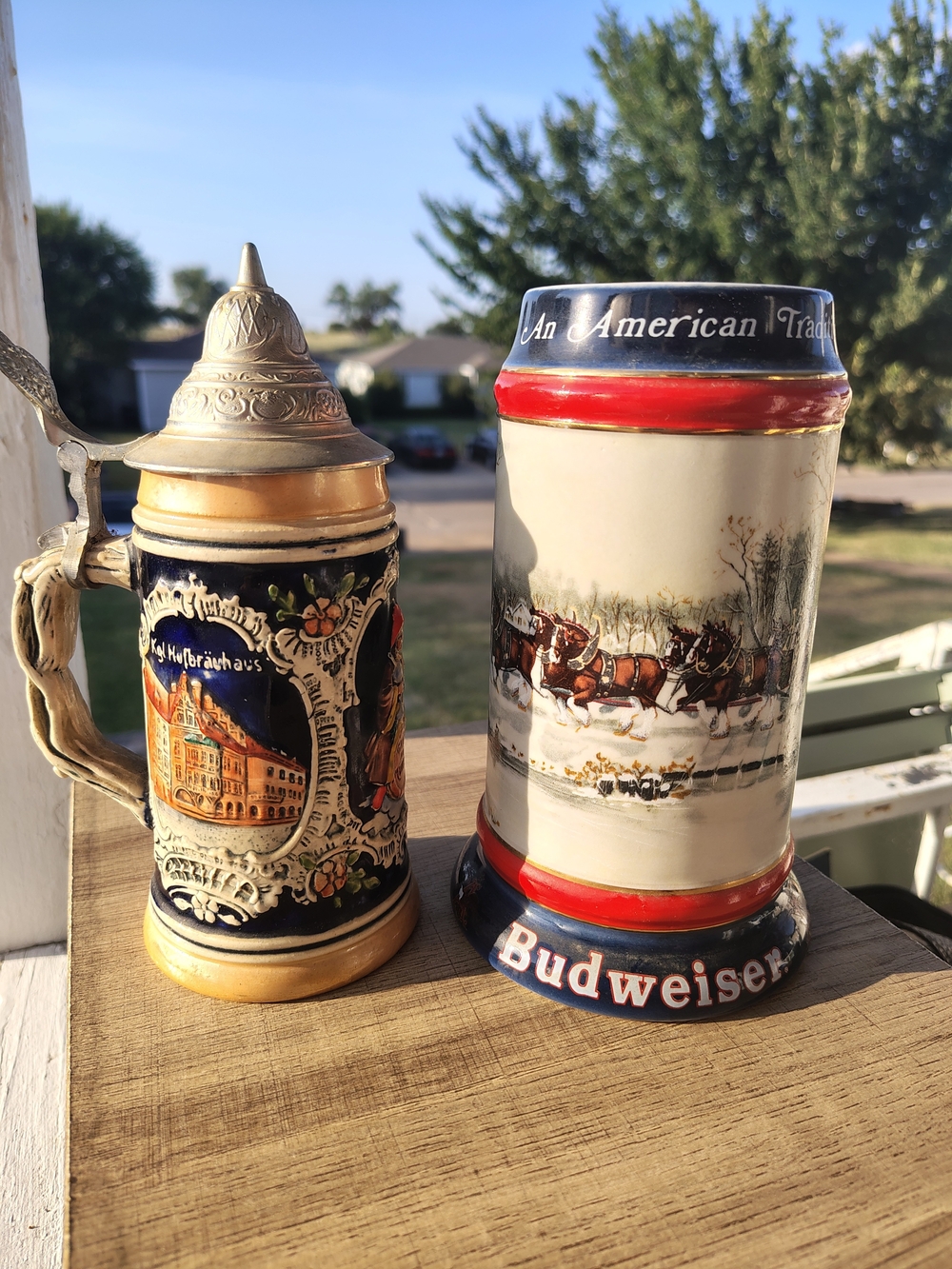 Budweiser Red, White & Blue Ceramic Stein with Clydesdale Wagon Scene